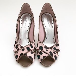 BCBGirls Pink And Black spotted faux fur heels